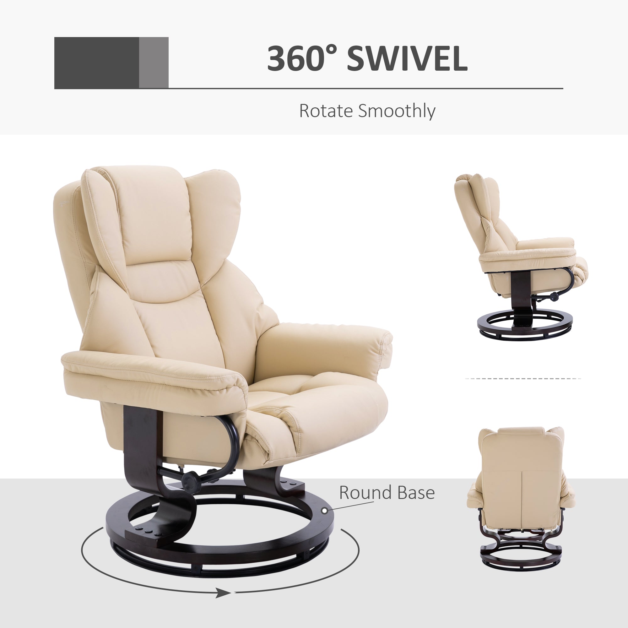 HOMCOM 360° Swivel Recliner Chair with Footstool, PU Leather Manual Recliner Armchair with Solid Wood Base, Upholstered Reclining Chair for Living Room, Bedroom, Office, Cream